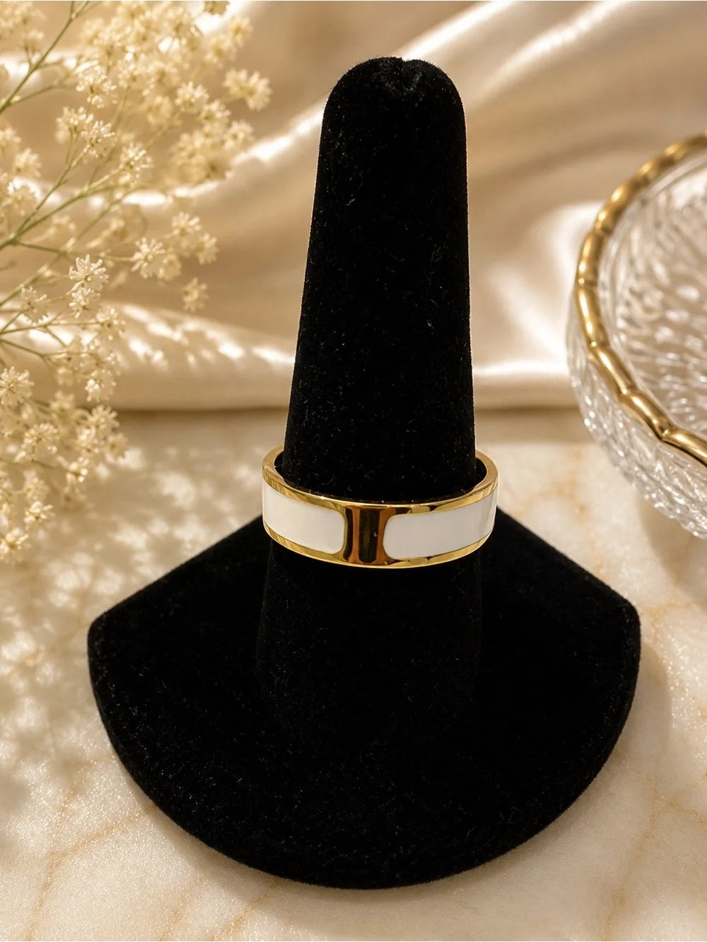 Gold-Tone H Ring with White Enamel – Size 10 – Stainless Steel